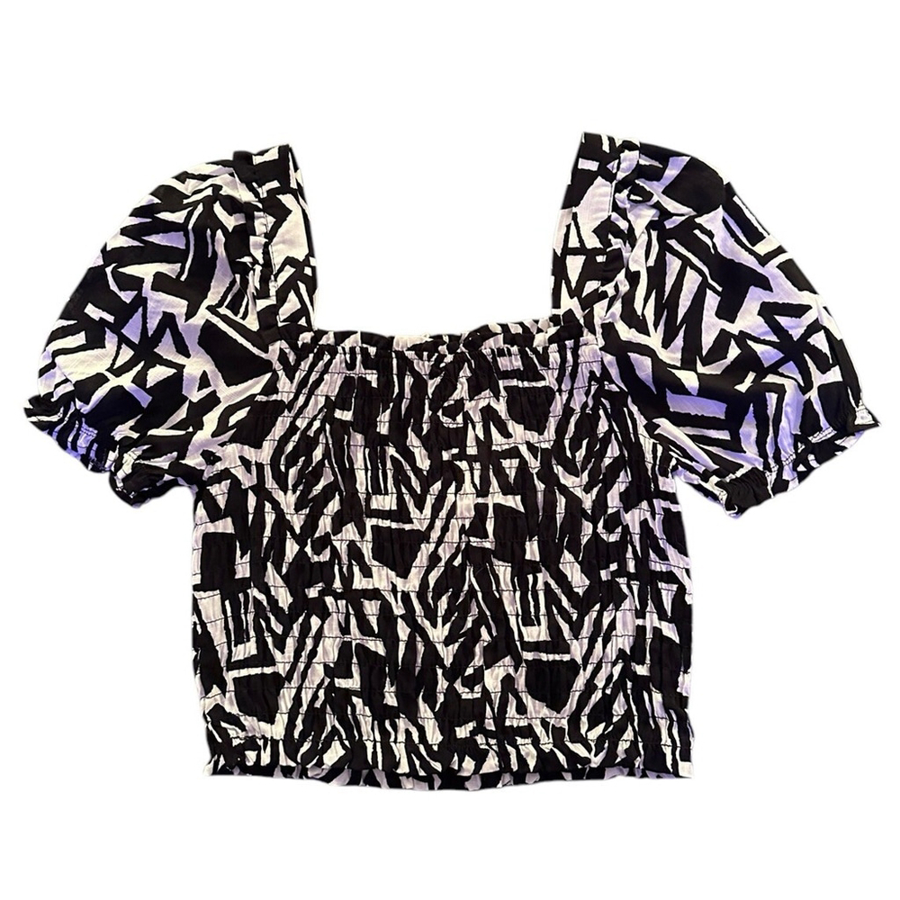Monteau Crop Smocked Top Linen Blend XL Black White Tribal Print Puff Sleeves